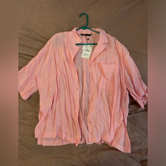 ZARA pink button up short sleeve shirt - Picture 1 of 3